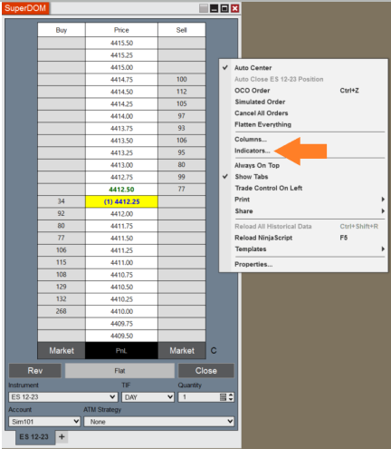 Cómo agregar un indicador a SuperDOM - NinjaTrader Desktop
