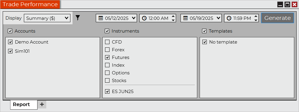 Trade Performance Window - NinjaTrader Desktop