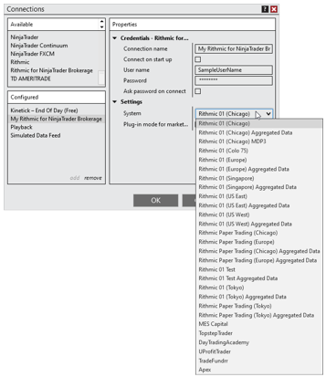 Conexión a los servicios de evaluación a través de Rithmic Connection