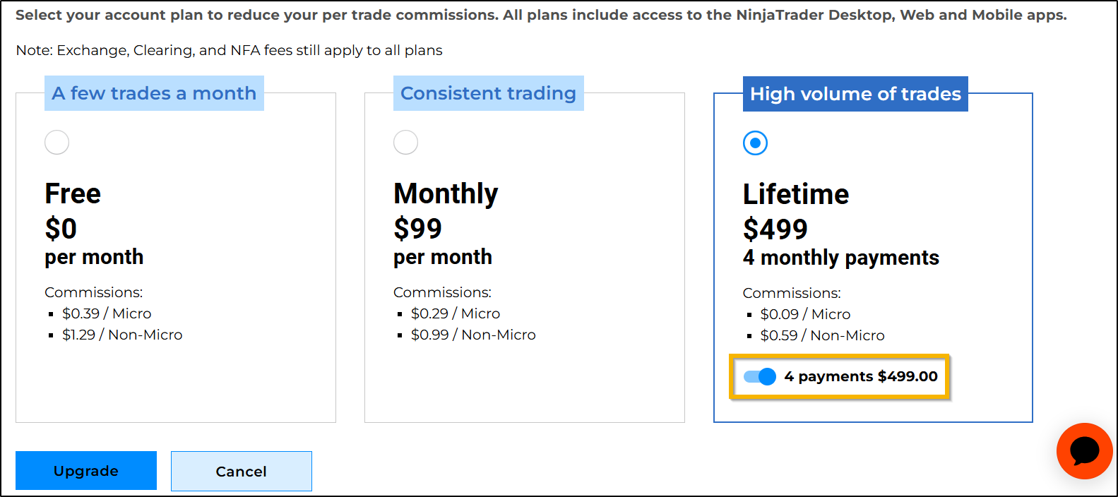 Planes de cuenta de NinjaTrader