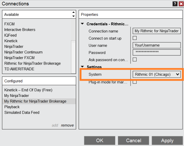 Rithmic connection could not be saved. The System field is required.