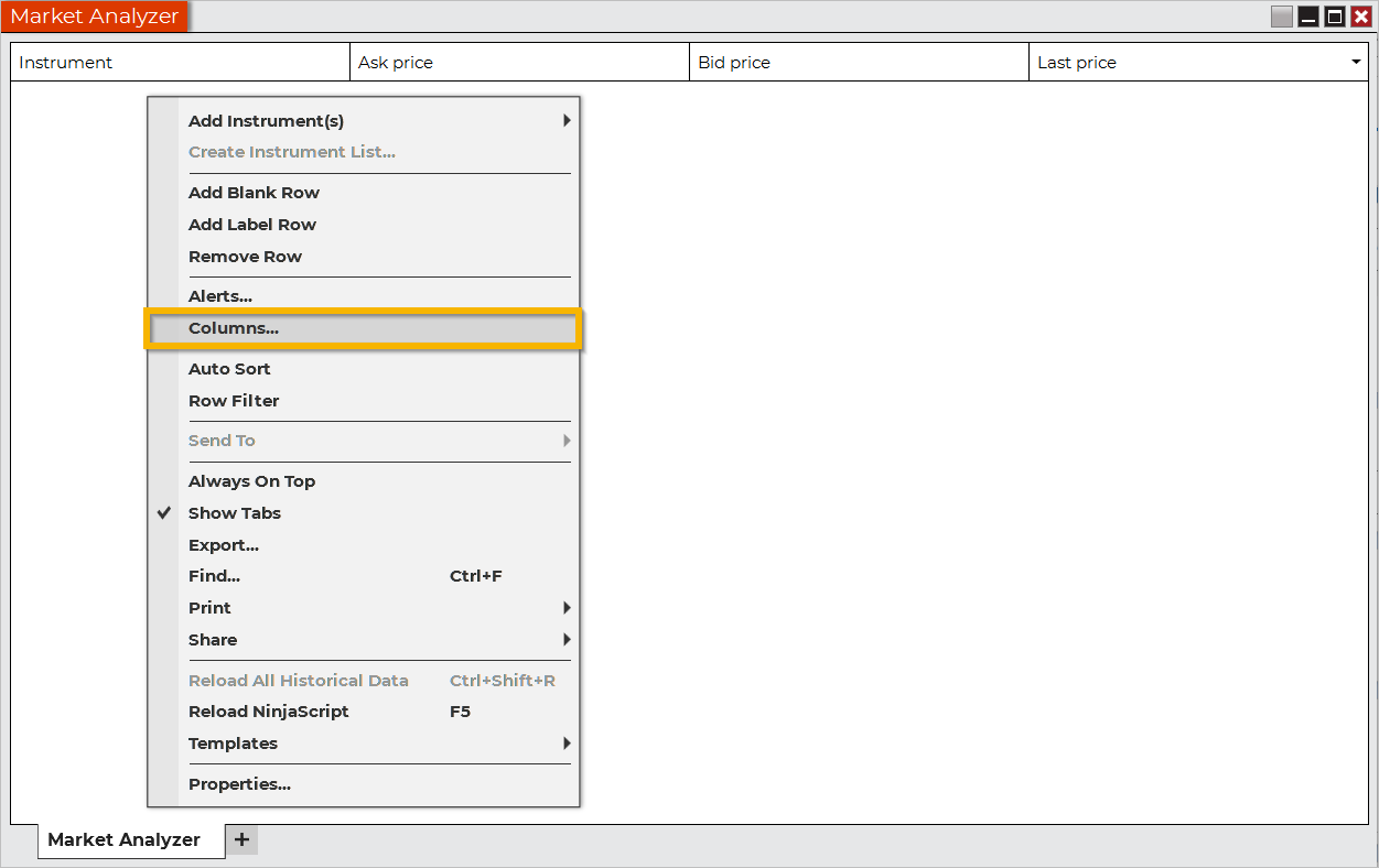 Market Analyzer Columns - NinjaTrader Desktop