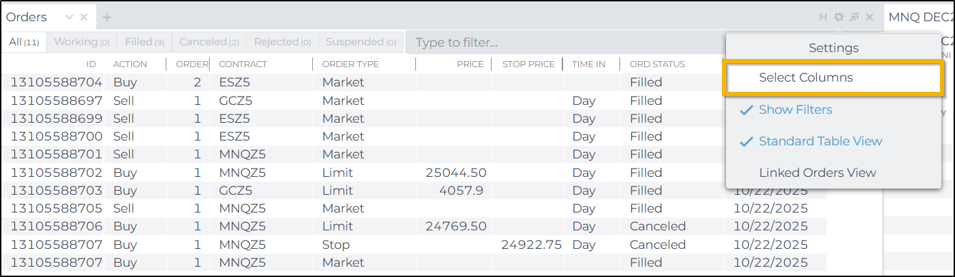 Orders Module - NinjaTrader Web