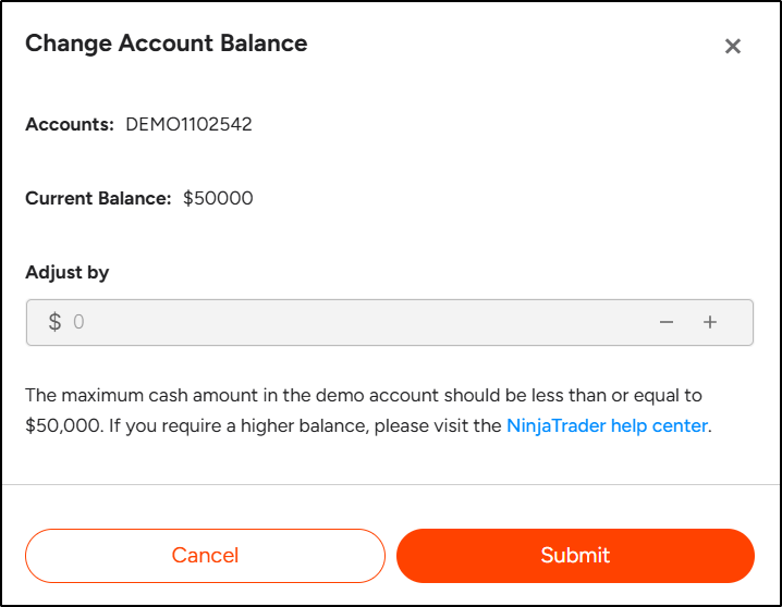 NinjaTrader Demo Account Balance & Settings