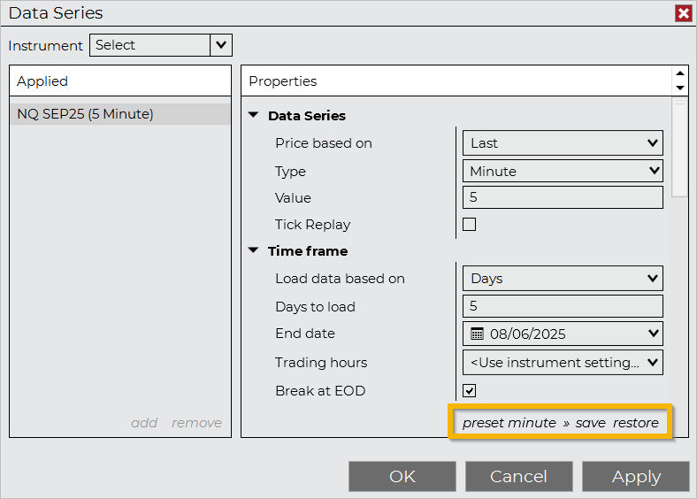 Customizing the Data Series - NinjaTrader Desktop